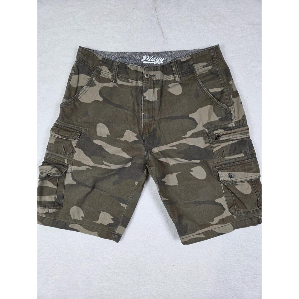 Y2K Mens Plugg Camo Cargo Shorts 36x10 Green Utility‎ 100% Cotton Army Hiking